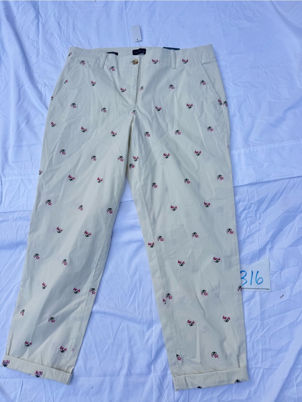 Talbots Cream Chinos with Pink Floral Embroidery